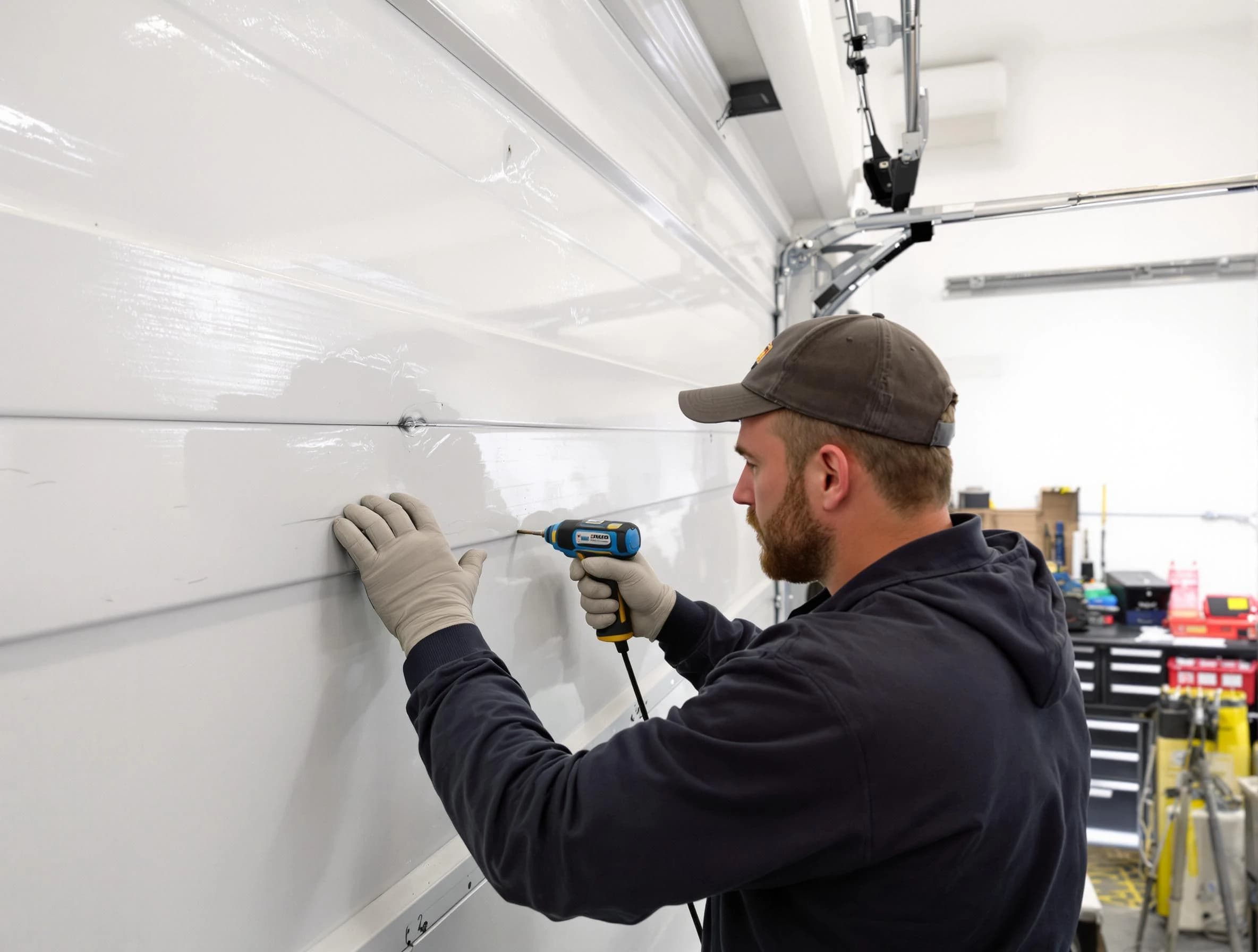 Pelham Garage Door Repair technician demonstrating precision dent removal techniques on a Pelham garage door